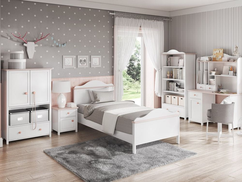 Veneti Nábytok do detskej izby s posteľou 90x200 LEGUAN 2 - biely / ružový